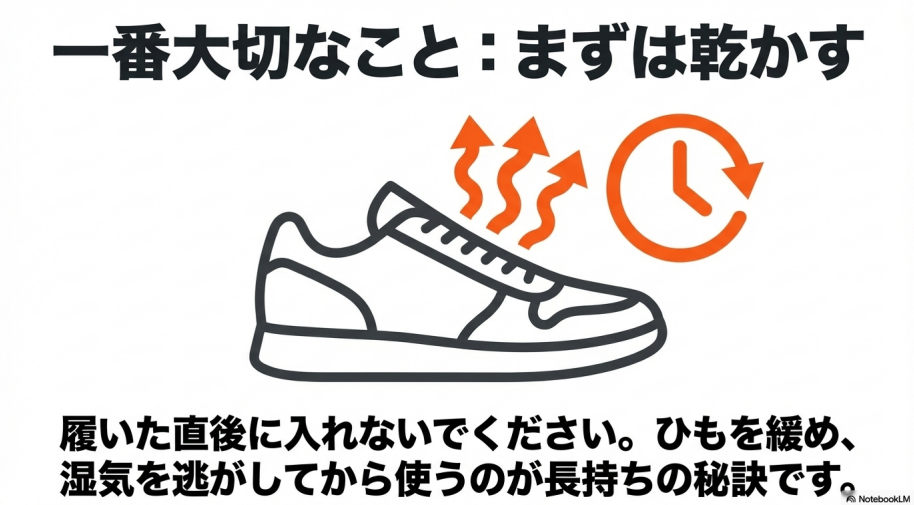 スニーカーを脱いだ直後はシューキーパーを入れず、湿気を逃がしてしっかり乾かすことが長持ちの秘訣