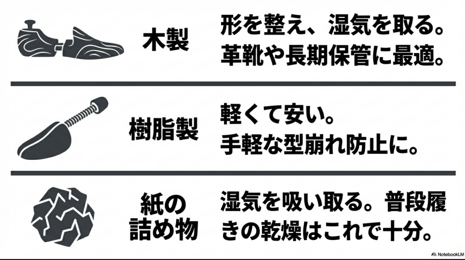 形を整え湿気を取る木製、手軽な樹脂製、湿気を吸い取る紙の詰め物のそれぞれの特徴と用途