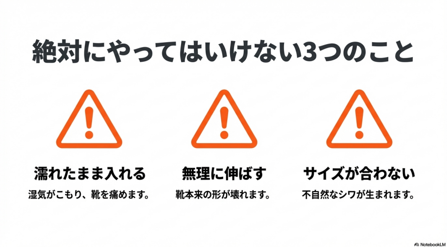 靴を痛める原因となる、濡れたまま入れる、無理に伸ばす、サイズが合わないものを使うという3つのNG行動