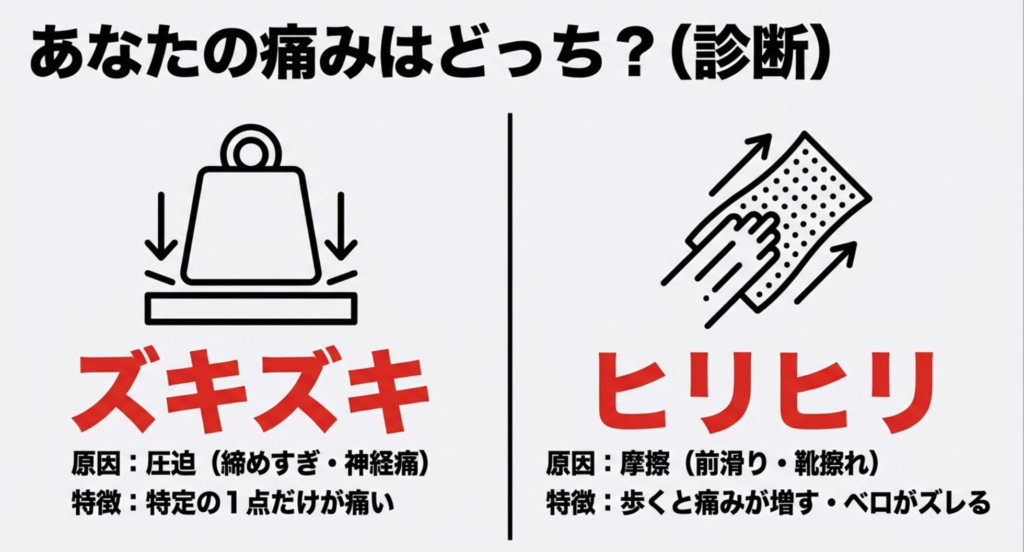 ズキズキする圧迫原因の痛みと、ヒリヒリする摩擦原因の痛みの違いを説明する比較図
