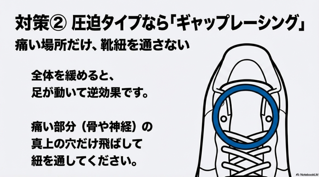 足の甲の痛い場所の穴だけを飛ばして靴紐を通し、圧迫を軽減するギャップレーシングの図解