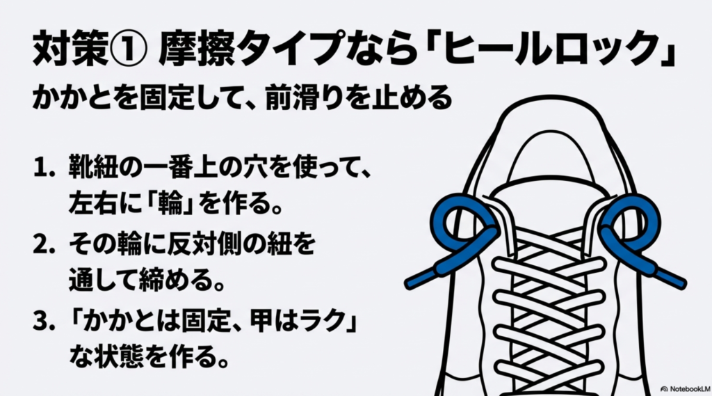 スニーカーの前滑りを止めてベロの摩擦を防ぐためのヒールロック