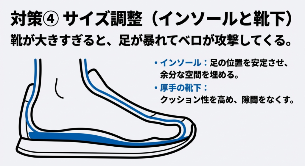 靴の中の余分な空間を埋めて足を安定させるインソールと厚手の靴下の活用図