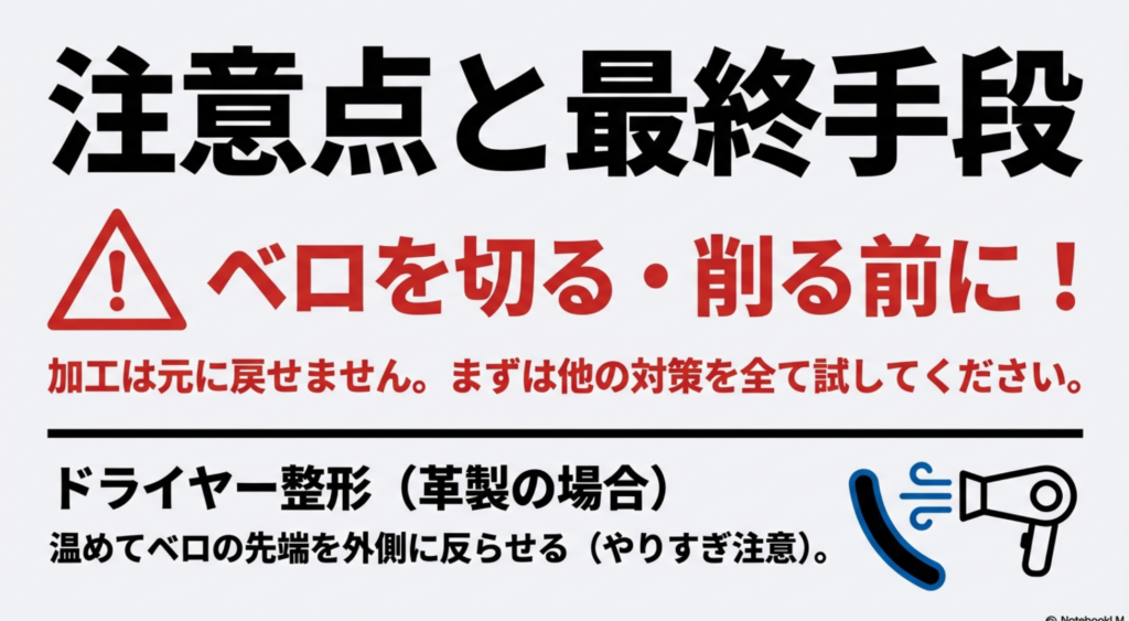 ドライヤーで革製のベロを温め、先端を外側に反らせて形を整える際の注意点と手順