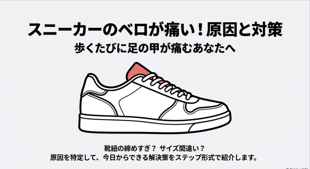 スニーカーのベロ（シュータン）が当たって足の甲が痛む原因と解決策を解説するガイドの表紙画像
