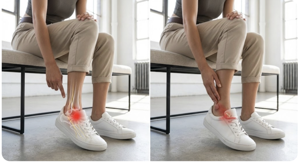 スニーカーのベロが足の甲に当たって痛くなる2種類の主な原因を、ファッションモデルを使って比較した画像です。左側の画像は「圧迫による痛み」を示しており、モデルが足の甲の特定のポイントを指さしています。その部分には赤い光と足の神経・腱の解剖図が重ねられ、靴紐やベロによる強い圧迫が神経痛のような痛みを引き起こしている様子が表現されています。右側の画像は「摩擦による痛み」を示しており、モデルが足首の前側、ベロの端が当たる部分を手で覆っています。その周囲の皮膚は赤く炎症を起こしており、歩行時の擦れによってヒリヒリとした痛みや水ぶくれの原因となる様子が表現されています。