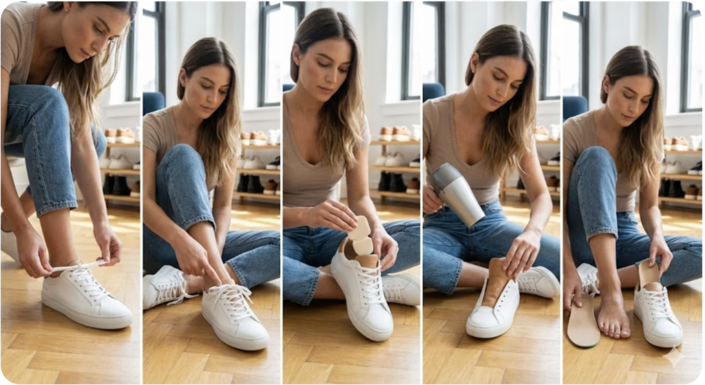 ファッションモデルの女性が、スニーカーのベロの痛みを解消するための5つの対策を順に実行しているコラージュ画像。左のパネルから順に、靴紐でかかとを固定する様子、足の甲の圧迫を避ける靴紐の通し方を確認する様子、ベロの裏にクッションパッドを貼る様子、ドライヤーでベロを温めて形を整える様子、インソールを使ってサイズ感を調整する様子が写っている。