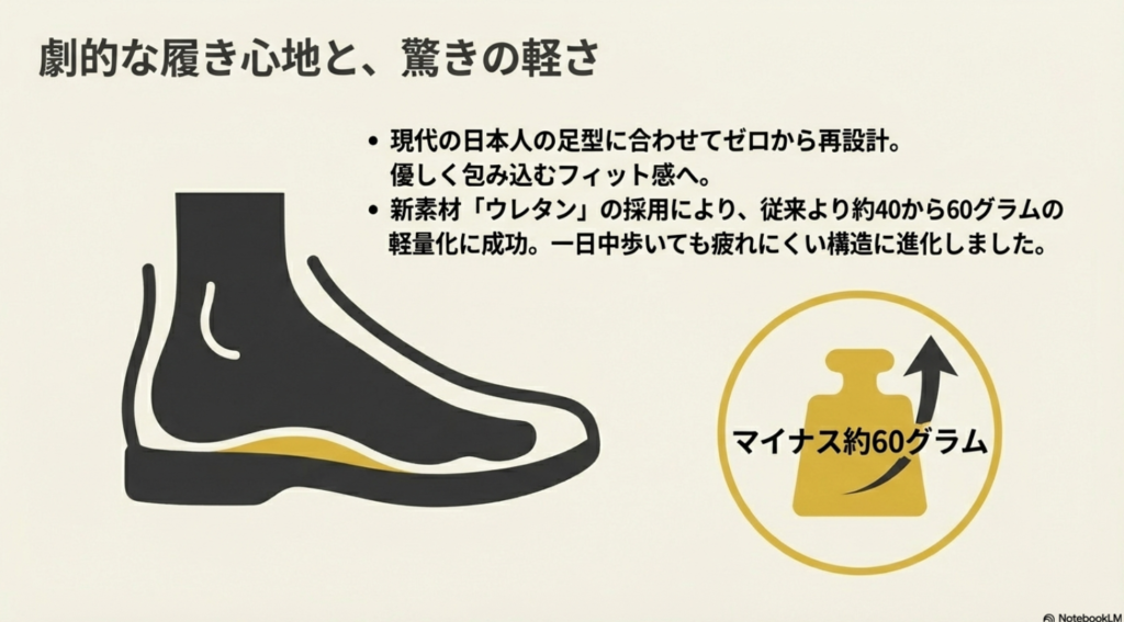 日本人の足型に合わせた再設計と、ウレタン素材採用により約60g軽量化した内部構造のイラスト