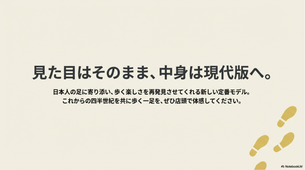 現代版にアップデートされた新しい定番モデルの足跡をイメージしたエンディングビジュアル