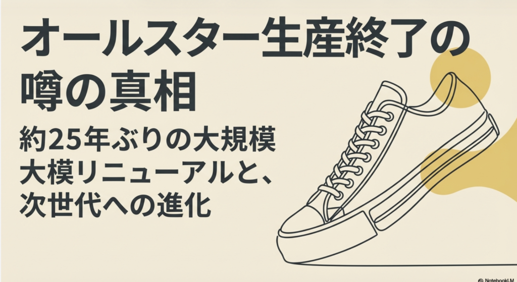 コンバース・オールスター生産終了の噂の真相と2025年大規模リニューアルについて解説するスライドの表紙
