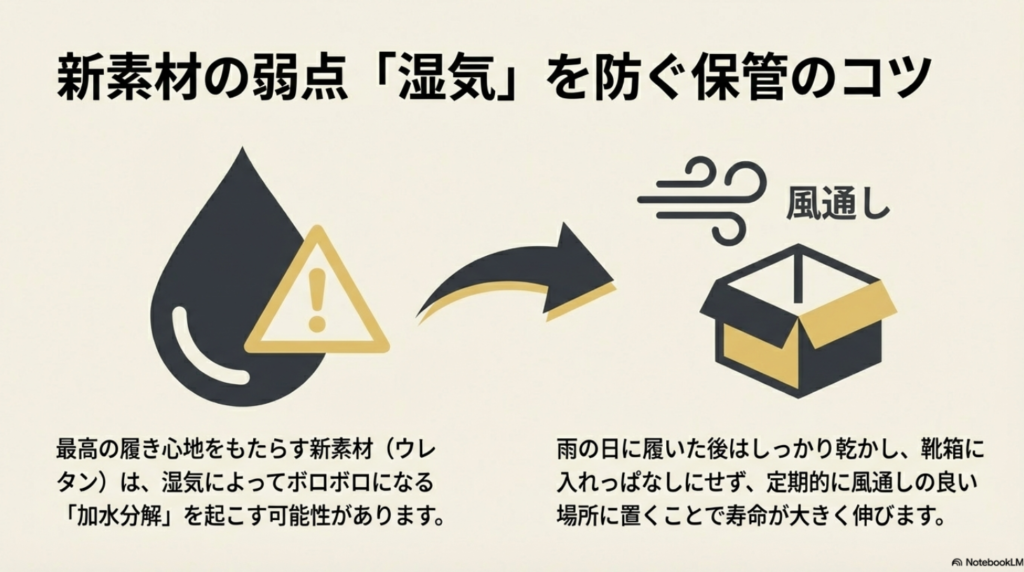 湿気による加水分解を防ぐため、雨の日の乾燥や定期的な風通しが必要であることを伝える注意喚起スライド