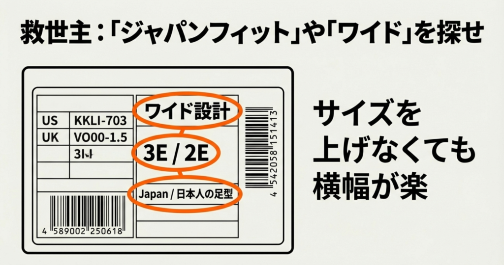 足のサイズ計測で重要な「立って測る」「夕方に測る」「足囲(ワイズ)を知る」という3つのポイントのイラスト。