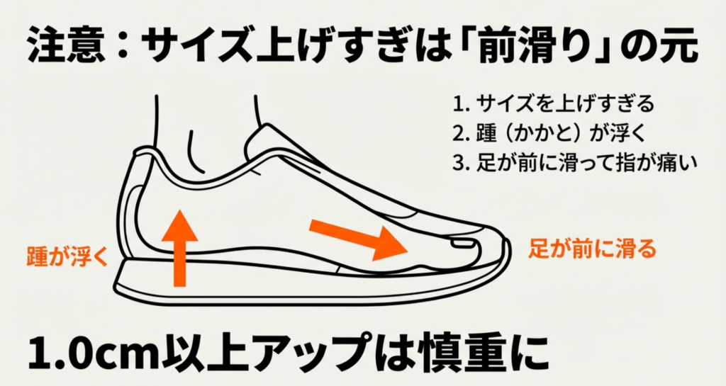 サイズを上げすぎた際に発生する、踵(かかと)の浮きと足の前滑り、それによる指の痛みについての注意喚起図。