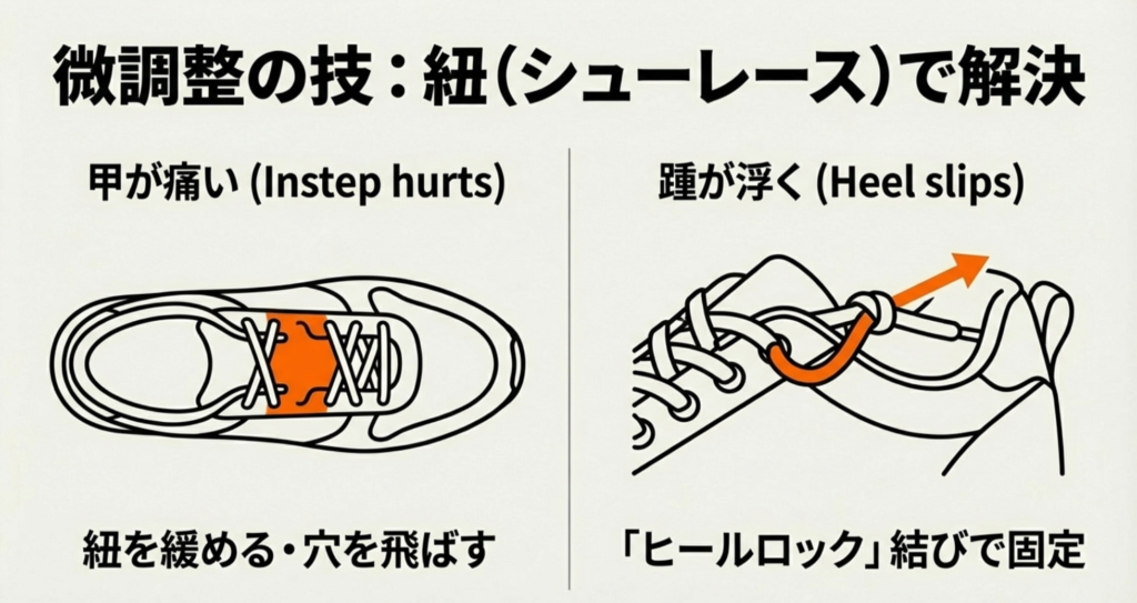 甲が痛い場合の紐の緩め方と、踵が浮く場合の「ヒールロック」結びによる固定方法の図解。