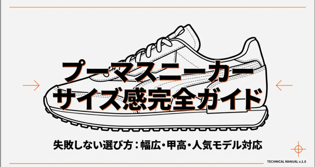 プーマスニーカーのサイズ選びで失敗しないための完全ガイド。幅広・甲高・人気モデル(メイズ、スピードキャット、パレルモ)対応の解説資料表紙。