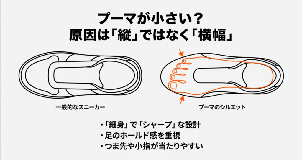 一般的なスニーカーに比べてプーマのシルエットが細身でシャープであり、つま先や小指が当たりやすい理由を説明する比較図。