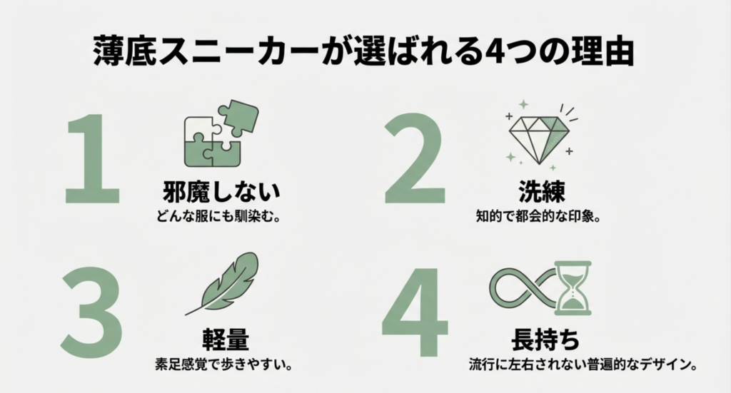 馴染みの良さ、洗練された印象、軽量性、普遍的なデザインという4つのメリットをまとめた図解 。
