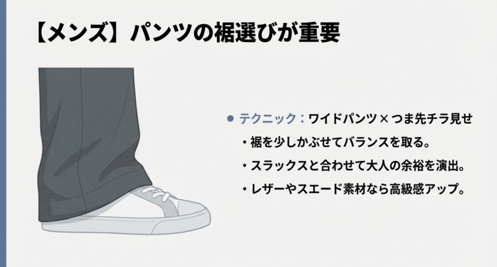 ワイドパンツの裾を少しかぶせて「つま先チラ見せ」するテクニックと素材選びのポイント 。