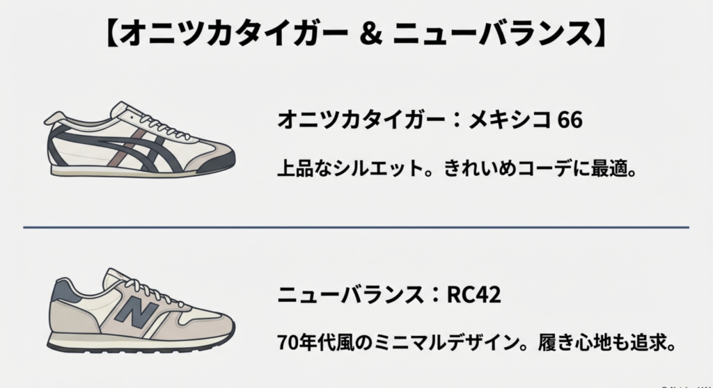 きれいめコーデに適したメキシコ66と、70年代風ミニマルデザインのRC42の紹介 。