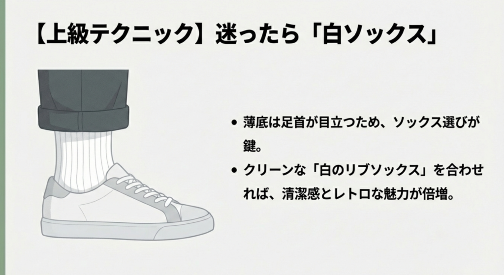 清潔感とレトロな魅力を引き立てるクリーンな白のリブソックスの活用法 。