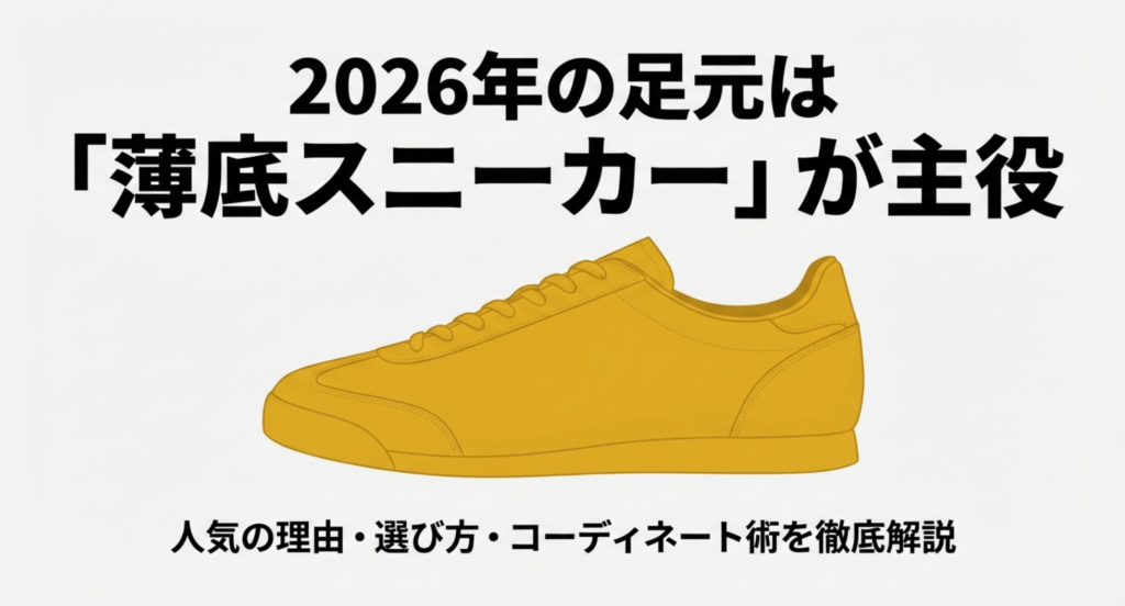 2026年のトレンドアイテムである薄底スニーカーのイラストと、人気の理由やコーディネート術を解説するメインタイトルスライド