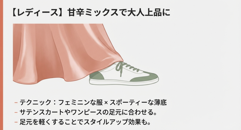 フェミニンな服にスポーティーな薄底を合わせるテクニックと、スタイルアップ効果の解説 。