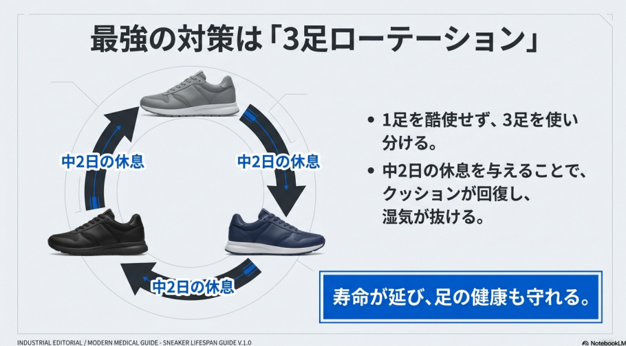 3足のスニーカーに中2日の休息を与えながら履き回すことで、クッションを回復させ寿命を延ばすローテーションの図。
