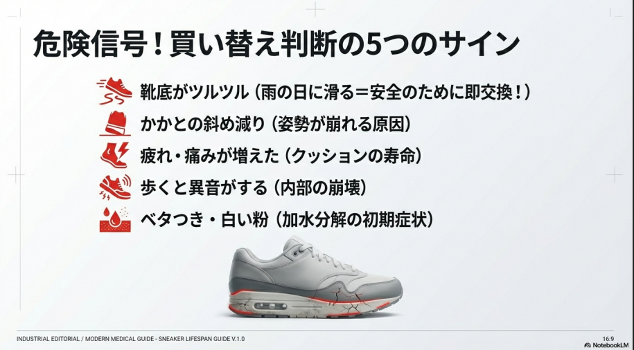 靴底の摩耗、かかとの偏摩耗、疲れの増加、異音、ベタつきといった、スニーカーの買い替え時期を示す5つの危険信号。