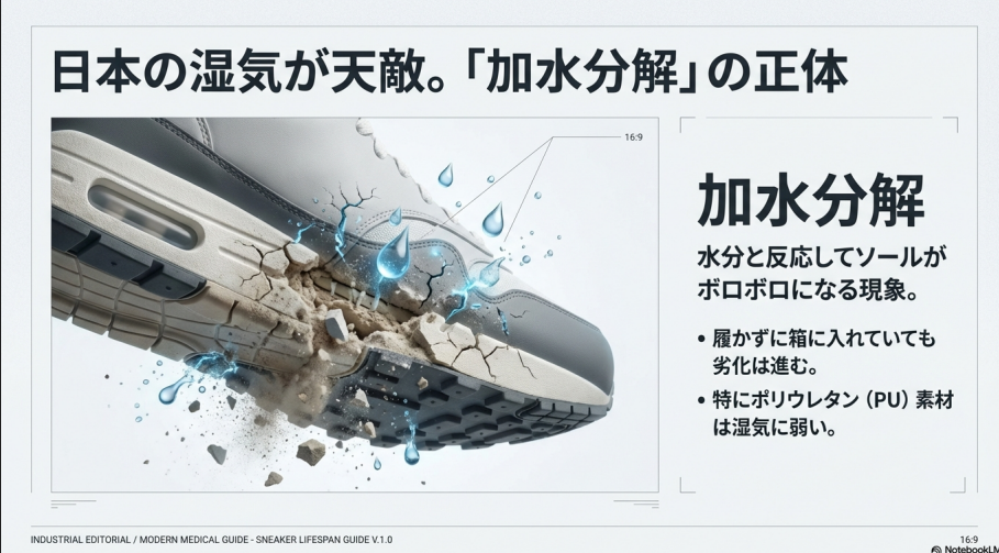 水分と反応してソールがボロボロになる加水分解の仕組みと、ポリウレタン素材が湿気に弱いことを解説した図解。