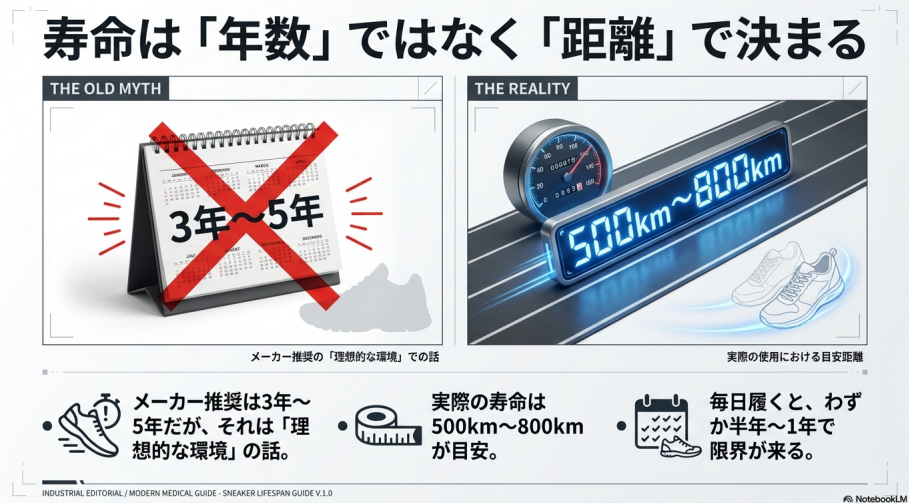 メーカー推奨の3〜5年という寿命と、実際の目安である500kmから800kmの走行距離を比較し、毎日履く場合の限界を説明した図解。