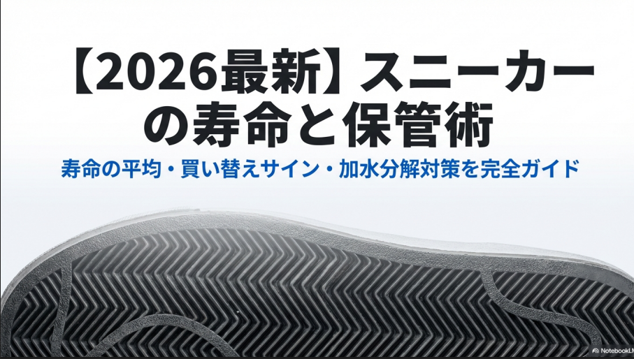 2026年最新版のスニーカー寿命と保管術の解説スライド表紙。寿命の平均、買い替えサイン、加水分解対策を網羅。