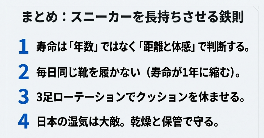 寿命を距離で判断する、毎日履かない、3足ローテ、乾燥と保管の4つのポイントをまとめた長持ちの鉄則。