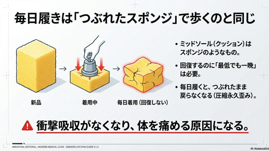 スニーカーを毎日履くとミッドソールが回復せず、潰れたスポンジのようになって衝撃吸収性が失われる現象を説明した図。