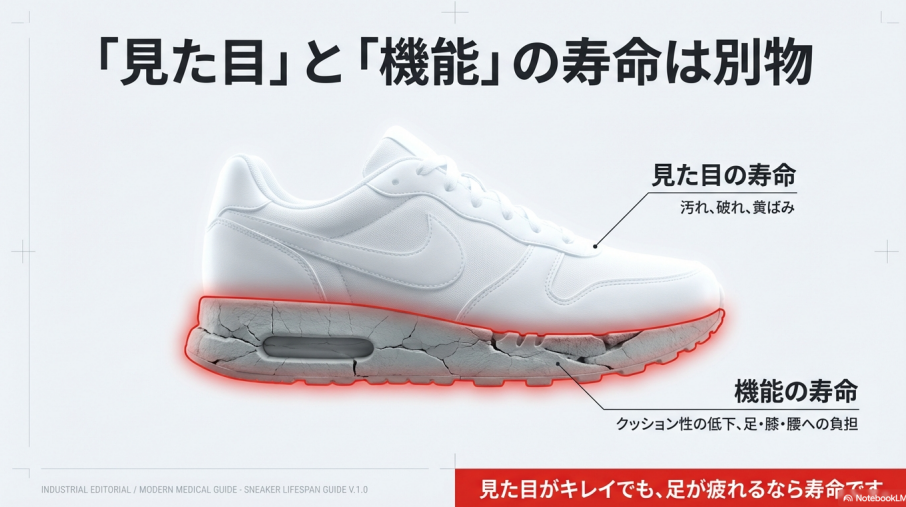 汚れや破れなどの見た目の寿命と、クッション性の低下による機能の寿命の違いを解説したイラスト。