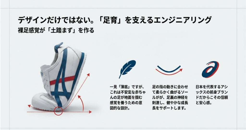 オニツカタイガーのベビーシューズのソールが柔軟に曲がっている様子。赤ちゃんの歩行を助ける設計。