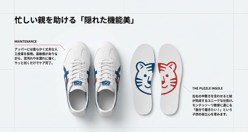 オニツカタイガーのベビーシューズの中敷き。左右を合わせると絵が完成するデザイン。