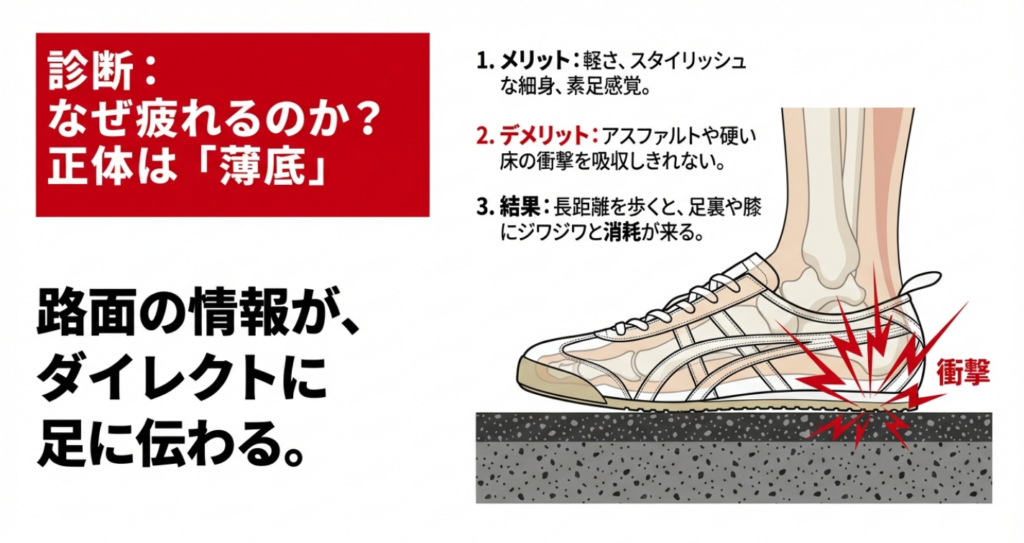 メキシコ66が疲れる原因は「薄底」にあり、路面の情報がダイレクトに伝わるメリットと、衝撃を吸収しきれないデメリットを解説した図解。