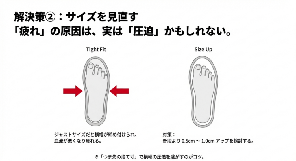 メキシコ66の疲れの原因が「圧迫」である可能性を示し、0.5cmから1.0cmアップして横幅の圧迫を逃がすコツを図解。
