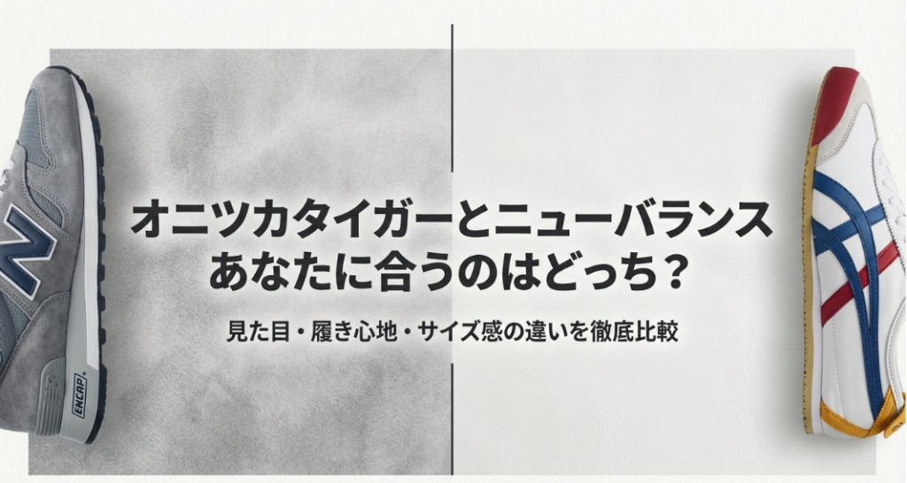 オニツカタイガーとニューバランスのスニーカー、どちらが合うかを徹底比較する解説スライドの表紙。
