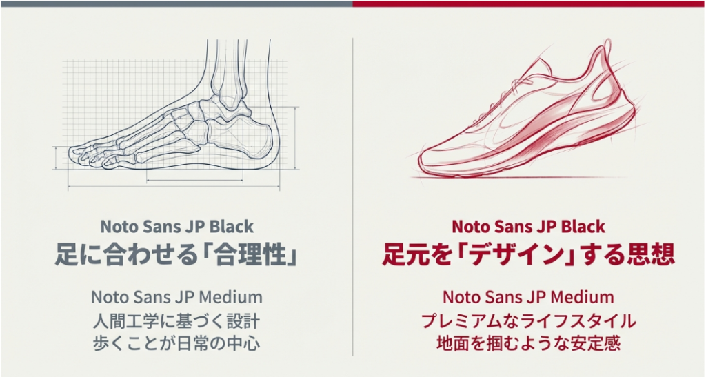 ニューバランスの人間工学に基づく設計と、オニツカタイガーの足元をデザインする思想の違いを解説する図解。
