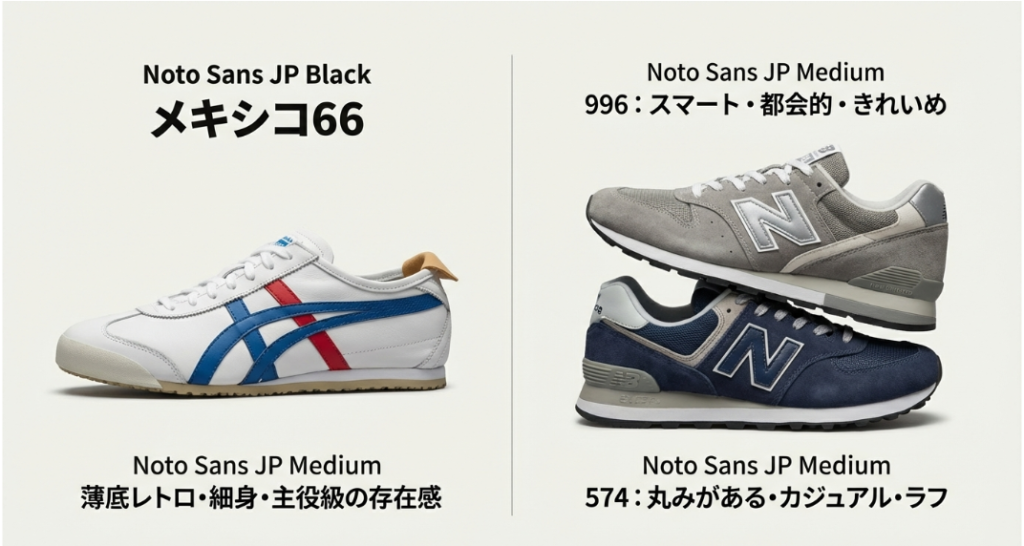 オニツカタイガーのメキシコ66、ニューバランスの996と574の外観とスタイルの特徴を比較した画像。