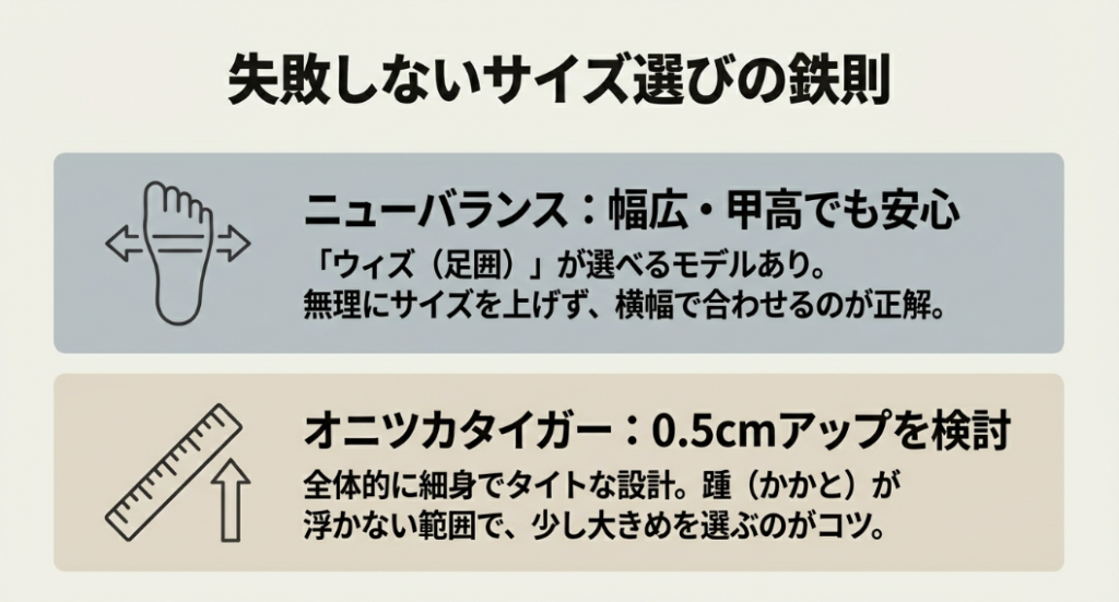 ニューバランスの幅（ウィズ）の重要性と、オニツカタイガーのサイズアップ検討のコツをまとめた図解。