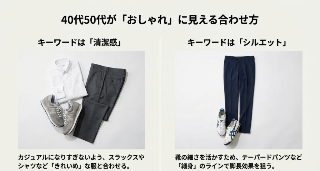 スラックスやシャツと合わせるニューバランス、細身ラインを活かすオニツカタイガーの着こなし術の解説。