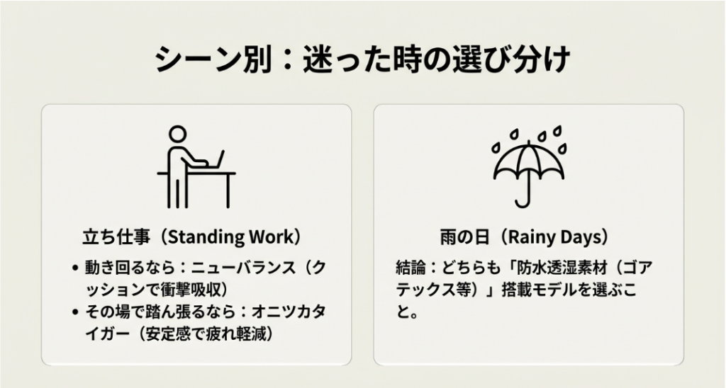 立ち仕事のタイプ別、および雨の日のゴアテックス搭載モデルの推奨をまとめたアイコン付きスライド。