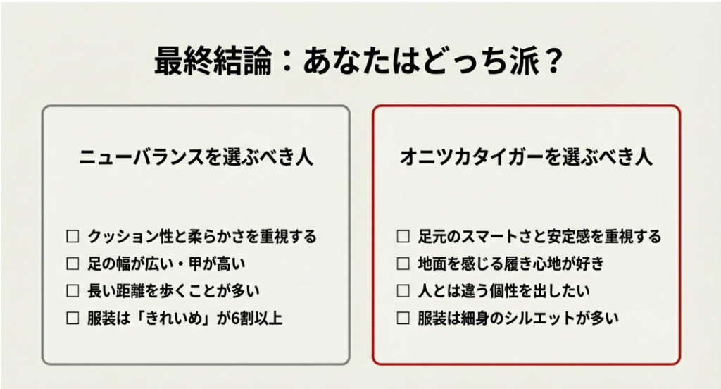 ニューバランスを選ぶべき人とオニツカタイガーを選ぶべき人の特徴を比較したチェックリスト。