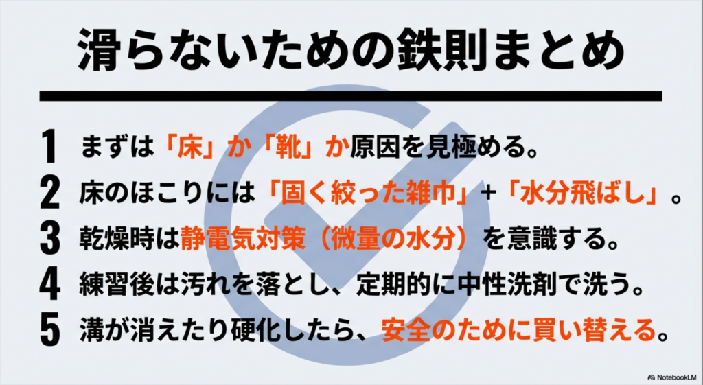 原因の見極め、濡れ雑巾の使い方、乾燥・静電気対策、定期的な洗浄、寿命の判断をまとめたバッシュの滑り止めガイドの要約。