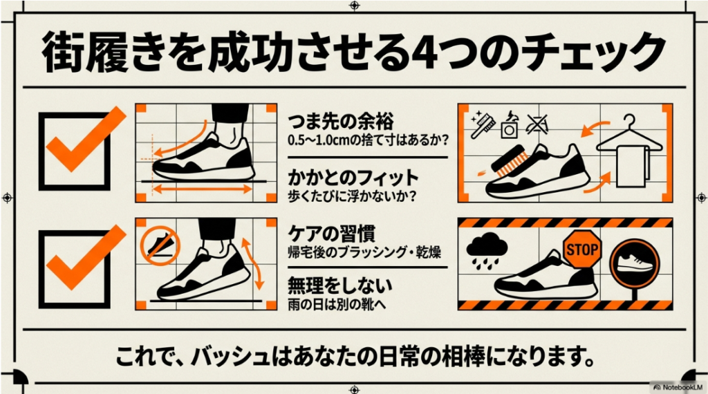 つま先の余裕、かかとのフィット、ケア習慣、無理をしない（雨の日対策）の4項目をまとめた最終チェックのスライド。