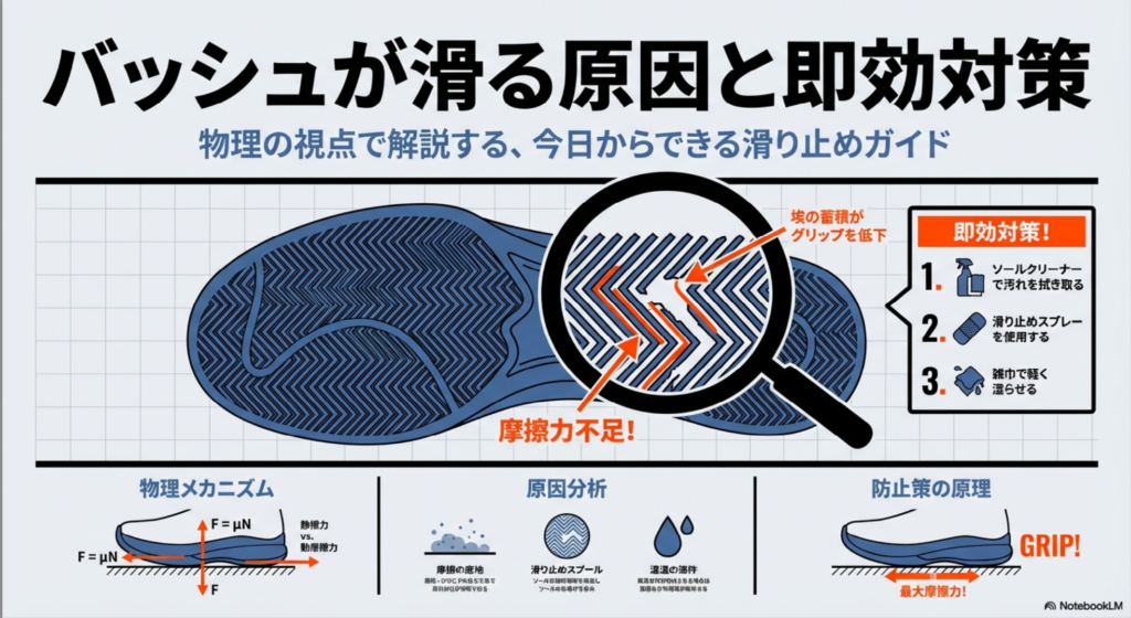 バッシュのグリップ力（摩擦力）が決まる物理式 F=μN と、静止摩擦力・動摩擦力の違いを説明するイラスト。