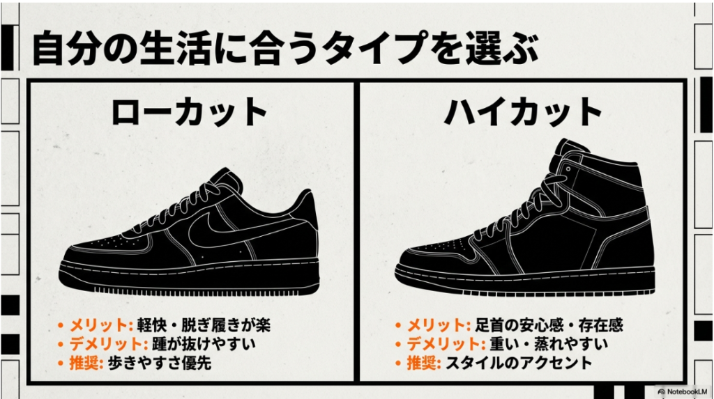 歩きやすさ優先のローカットと、存在感と安心感重視のハイカットのそれぞれの特徴を比較したスライド。