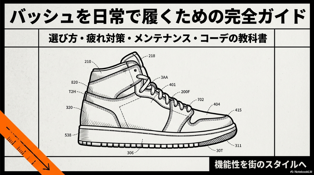 バッシュの選び方、疲れ対策、メンテナンス、コーデのポイントをまとめた教科書的なスライド画像。
